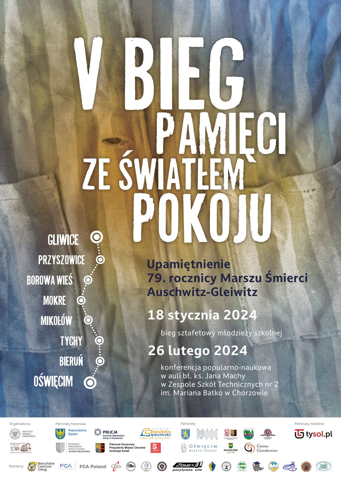 W tle ubiór więźnia Auschwitz a na nim biały napis V BIEG PAMIĘCI ZE ŚWIATŁEM POKOJU